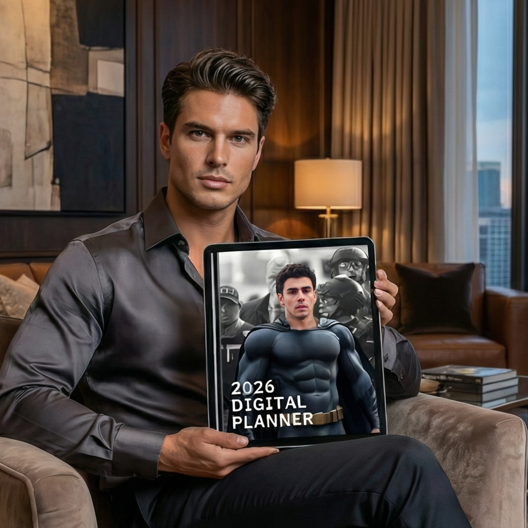 Man holding a 2026 digital planner with Luigi Mangione dressed as superhero in a living room.